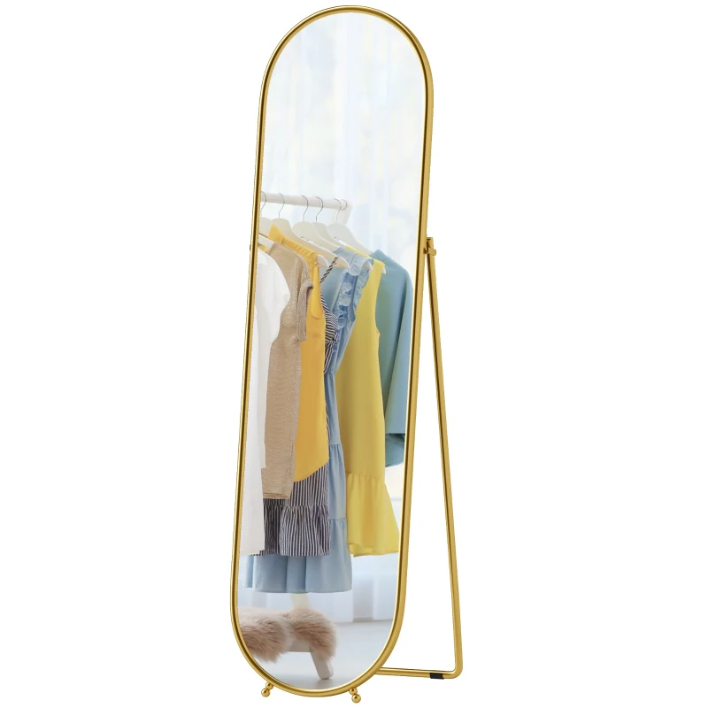 HOMCOM Ganzkörperspiegel, ovale Form, freistehend, Metallrahmen, 50x180cm, Gold
