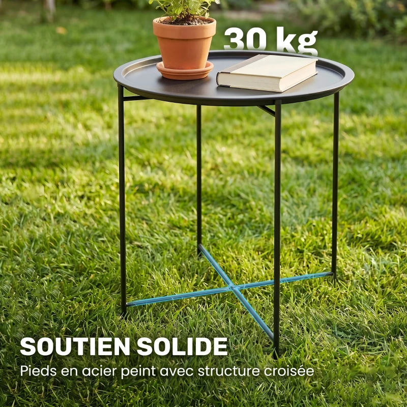 Outsunny Petite table basse ronde table d'appoint plateau amovible avec bord relevé pieds pliables en acier Ø 46 x 53 cm noir