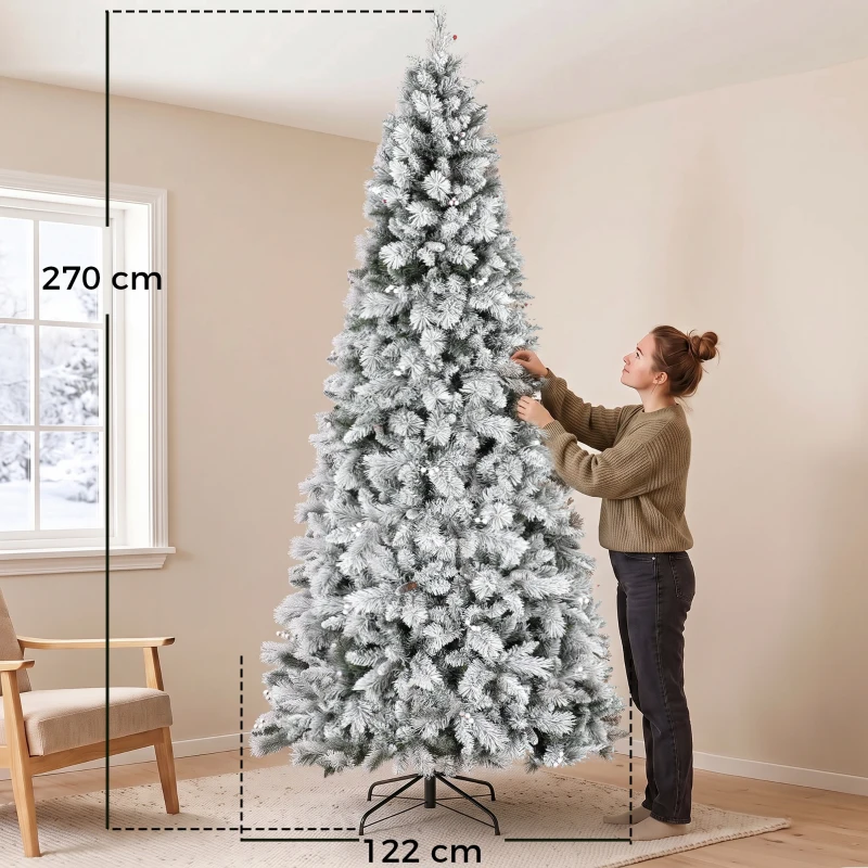 HOMCOM Árbol de Navidad Artificial 270 cm con 1507 Ramas Base Metálica Plegable Montaje Rápido para Salón Interior Blanco