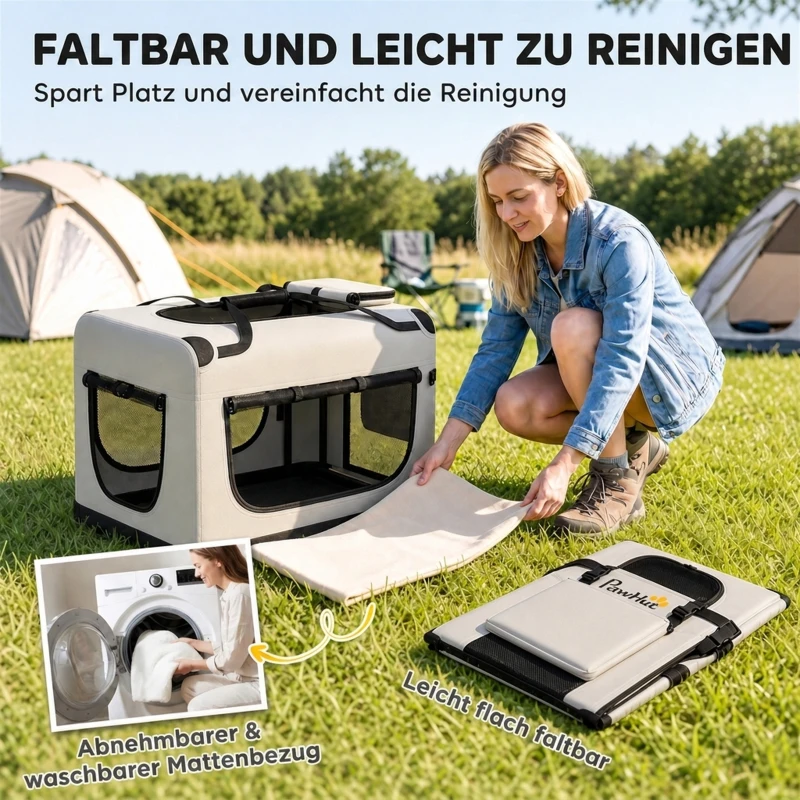 PawHut Transporttasche für Haustiere, weichw. Hundetragetasche mit Sicherheitsleine, Kissen und Napf, Hellgrau