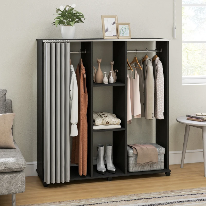 HOMCOM Stand Appendiabiti con 6 Ruote, Appendiabiti da Terra con 3 Ripiani e 2 Aste per Vestiti, Guardaroba Porta Abiti in Legno Tessuto di Lino e Alluminio, per Camera da Letto Soggiorno Corridoio Ingresso, Tenda Grigia e Nero