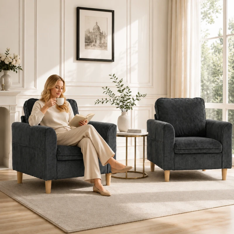 HOMCOM Sillón de salón en terciopelo acanalado, sofá 1 plaza acolchado, asiento amplio, cojín con muelles, 83x74x87cm, Gris oscuro