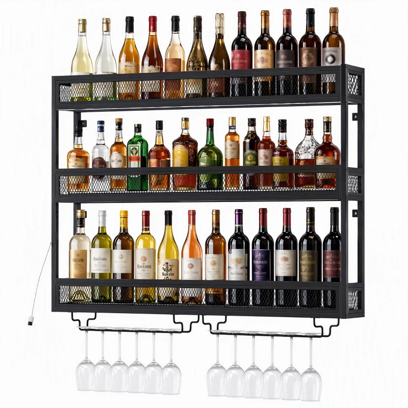 HOMCOM Portabottiglie da Parete con Luci LED e Porta Calici Stile Industriale, 100x15x80 cm, Nero
