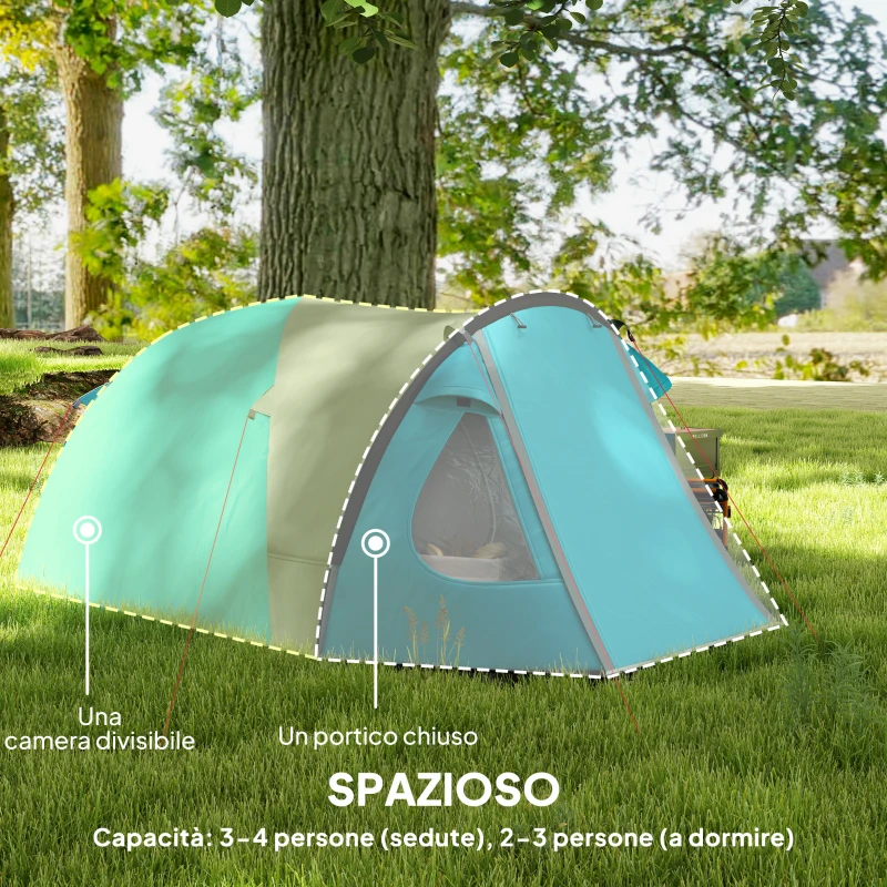 Outsunny Tenda da Campeggio 3 Persone con Camera e Veranda, 3000mm e Borsa di Trasporto, Azzurro