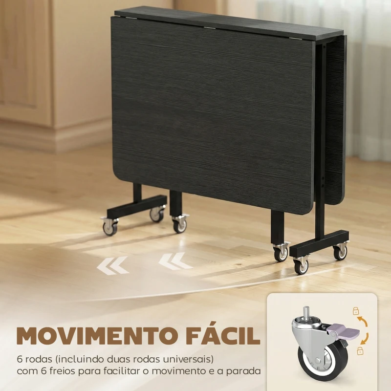 HOMCOM Mesa Dobrável de Jantar para 4-6 Pessoas com Rodas e Abas Rebatíveis 120x80x73 cm Preto