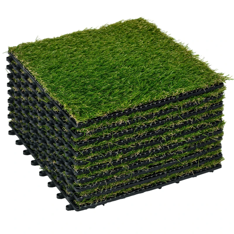 Outsunny Kunstrasen, naturgetreu, Drainagefunktion, 11 K Fasern/m², 20mm Höhe, 10-er Set je 30x30cm, Dunkelgrün