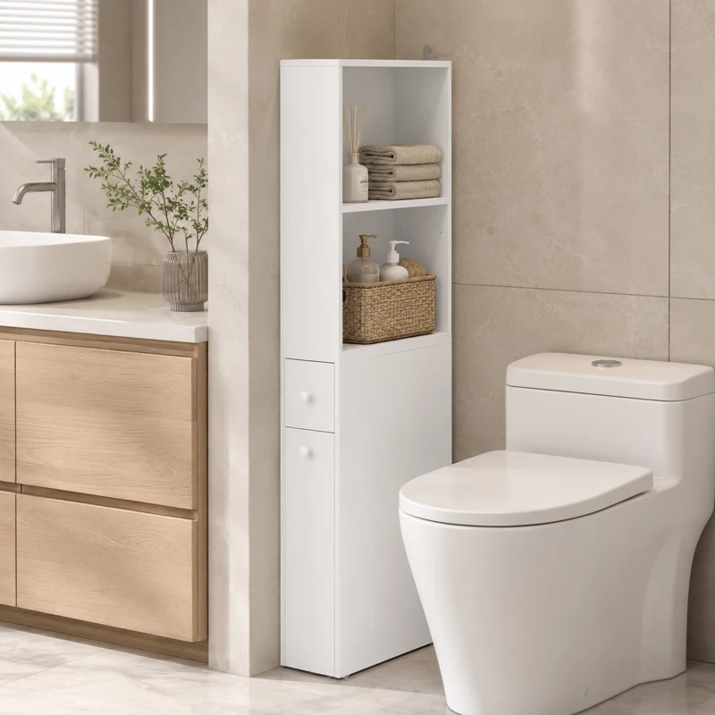 HOMCOM Dulap Baie Slim cu Organizator Glisant pe Roți, Sertar și Raft Reglabil, MDF, 18 x 40 x 135 Cm, Alb