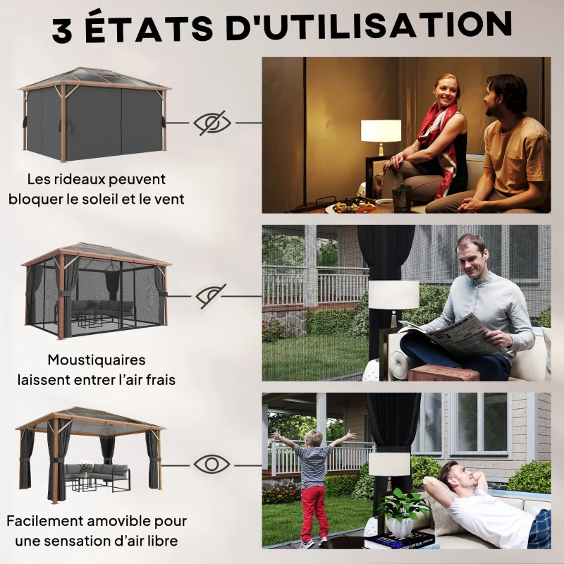 Outsunny Tonnelle de Jardin Pavillon Extérieur Aspect Bois Toit Rigide en Polycarbonate UV50+ Imperméable 398x298x262cm Naturel