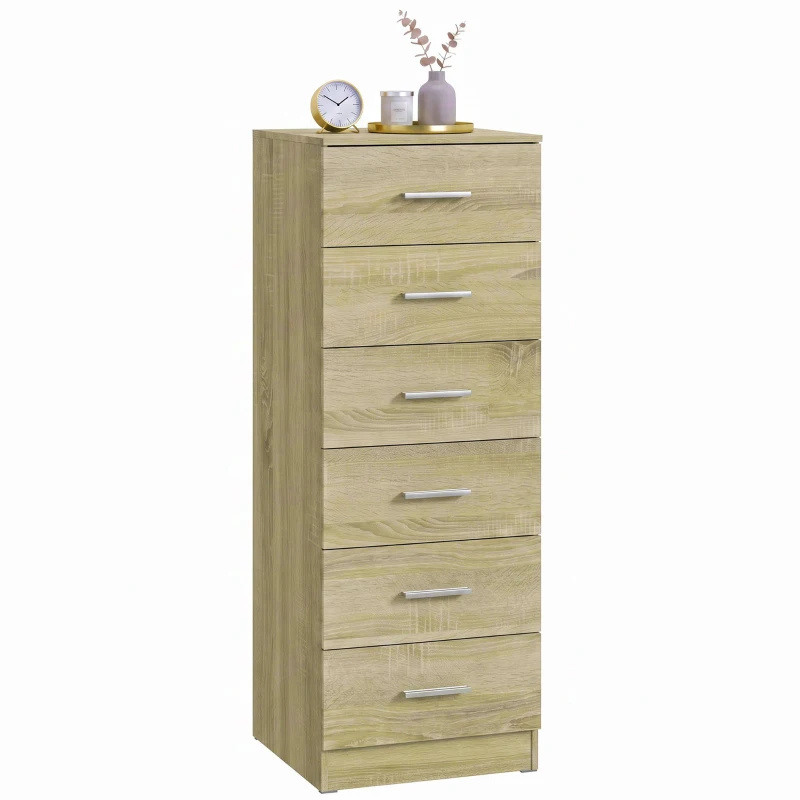HOMCOM Commode 6 Tiroirs, Meuble de Rangement, Style Moderne, pour Chambre à Coucher, Entrée, Couloir, 40x40x110cm, Chêne