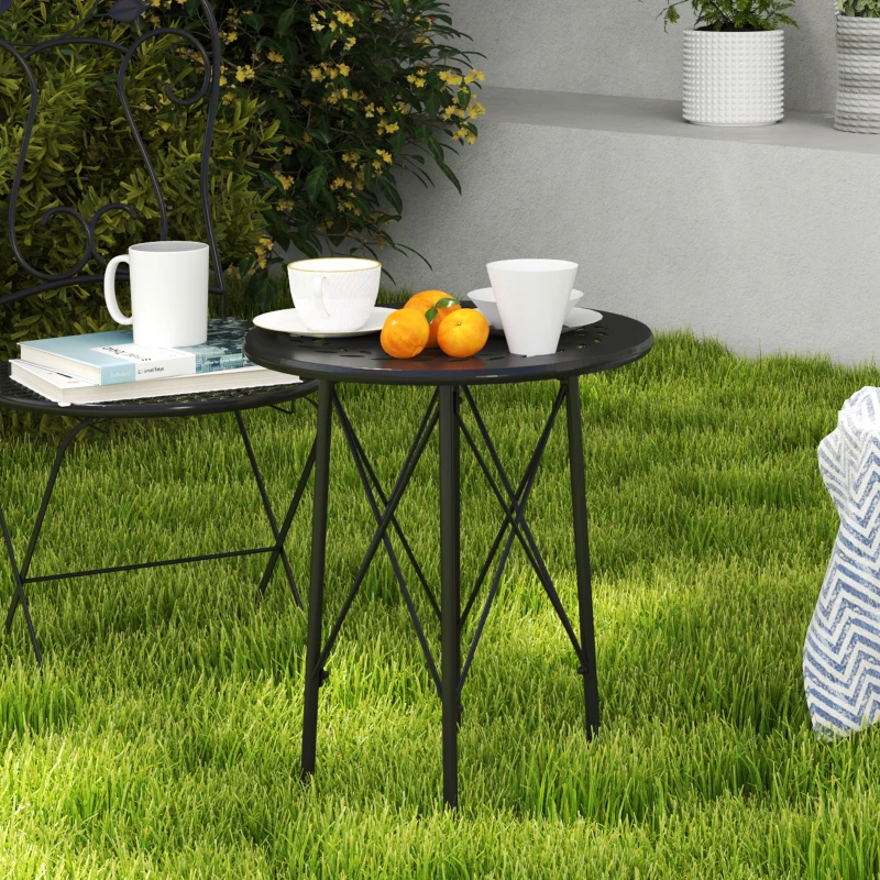 Outsunny Petite table d'appoint ronde, table de jardin, avec découpe en forme de fleur et feuilles, en acier, Ø 40 x 50 cm, noir