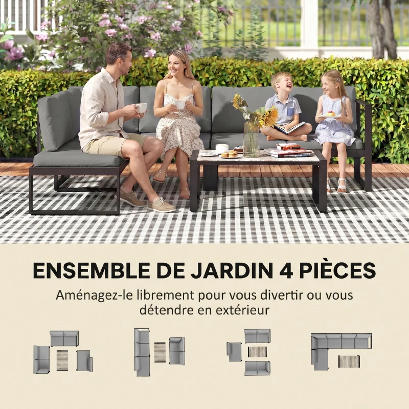 Outsunny Salon de Jardin Extérieur d'Angle 5 Personnes avec 2 Canapés, Chaise Sans Accoudoirs, Table Basse, Gris Foncé
