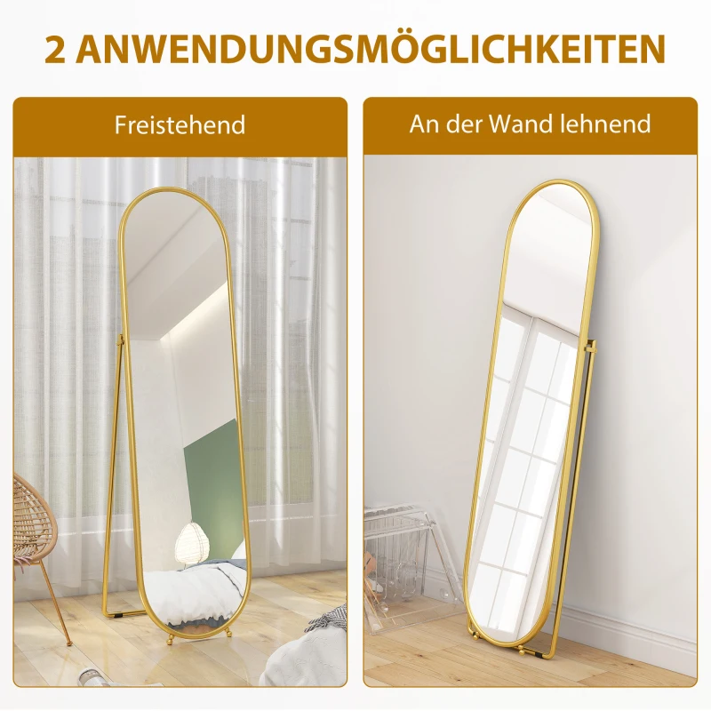 HOMCOM Ganzkörperspiegel, ovale Form, freistehend, Metallrahmen, 50x180cm, Gold
