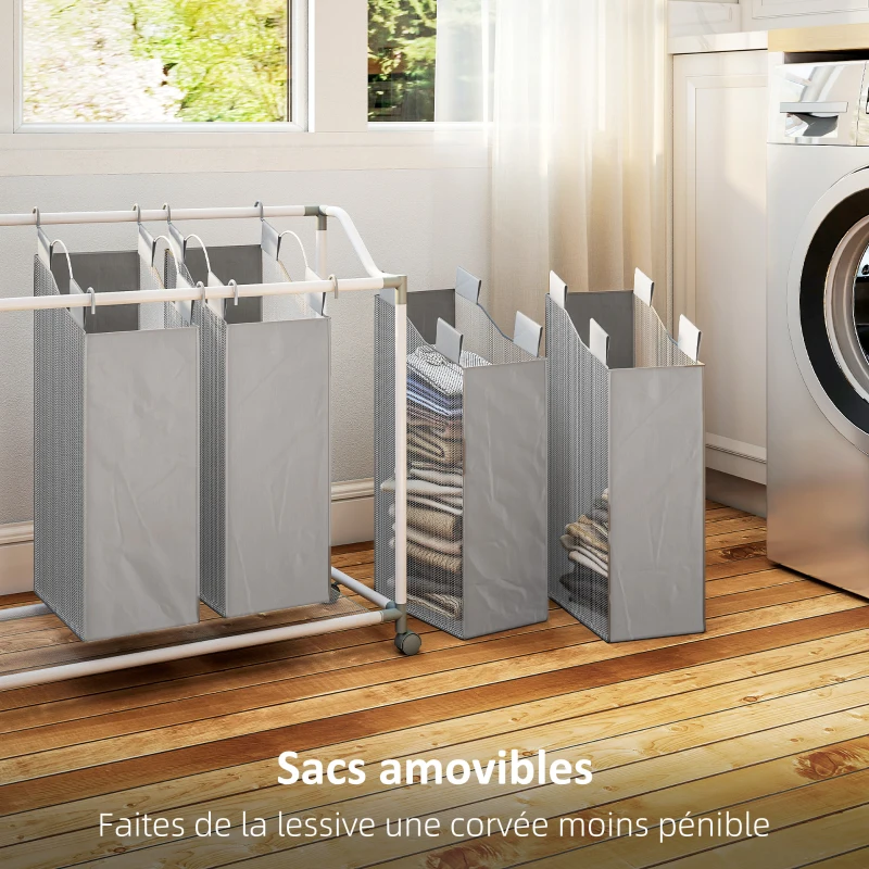 HOMCOM Panier à linge mobile, chariot linge sale, corbeille à roulettes avec 4 sacs amovibles, 4 x 40L, 97 x 38 x 81 cm, gris