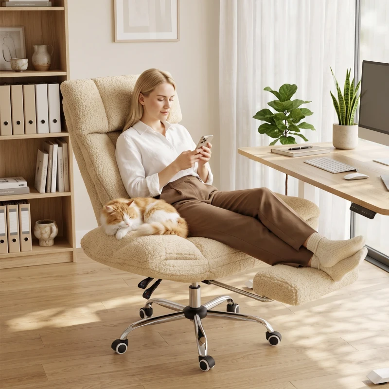 HOMCOM Chaise Bureau Ergonomique avec Accoudoirs Rabattables 5 Niveaux, Fauteuil de Bureau Inclinable en Tissu Teddy, Crème