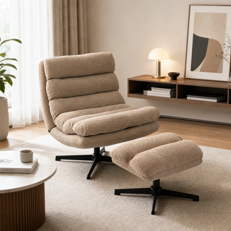 HOMCOM Fauteuil de Salon avec Repose-Pied Réglable, Rotation 360°, Fauteuil d'Appoint Capitonné en Lin, Assise Large, Marron
