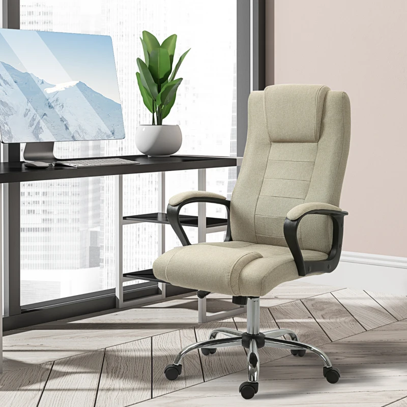 Vinsetto Fauteuil de Bureau à Roulettes, Chaise Manager Ergonomique Pivotante, Hauteur Réglable, Tissu Imitation Lin, 62 x 76 x 119 cm, Beige