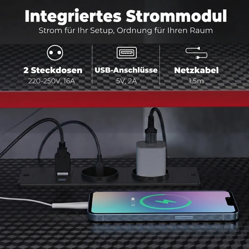 HOMCOM L-förmiger Computertisch mit Steckdosen, 128 cm Eckschreibtisch mit Monitorständer, Kopfhörerhaken & Getränkehalter