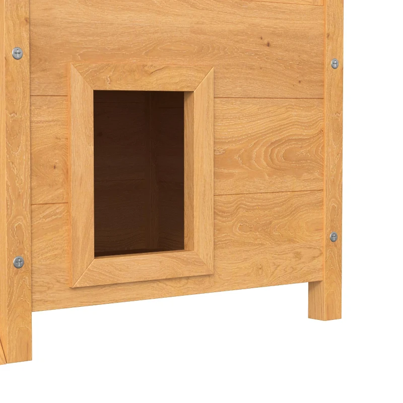 PawHut Cat House Outdoor w/ Balcony Stairs Roof, 77 x 50 x 73 cm, Natural Wood Finish