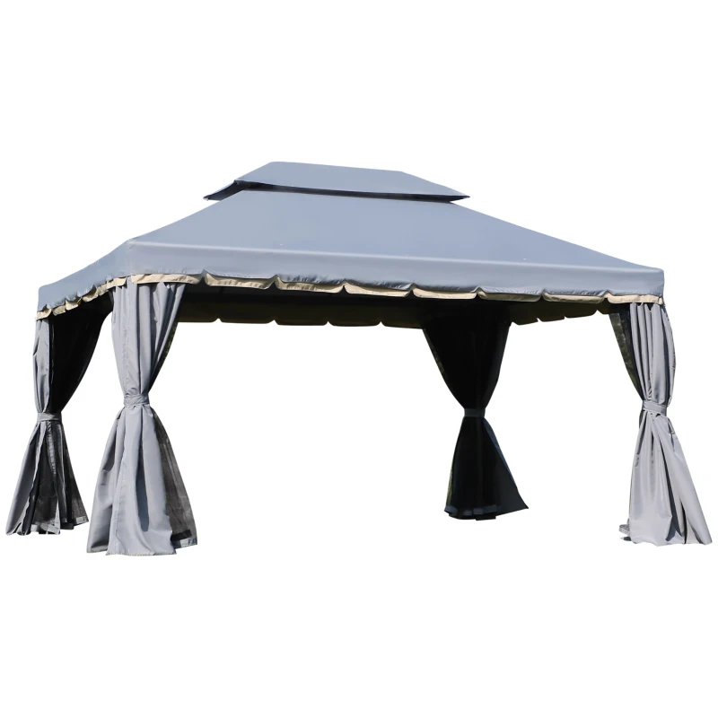 Outsunny Tonnelle de jardin extérieur 3,9 x 2,9 m, barnum avec toit double, rideaux et moustiquaire, tente de réception en aluminium, tonnelle pour terrasse patio mariage baptême, gris(m-12)