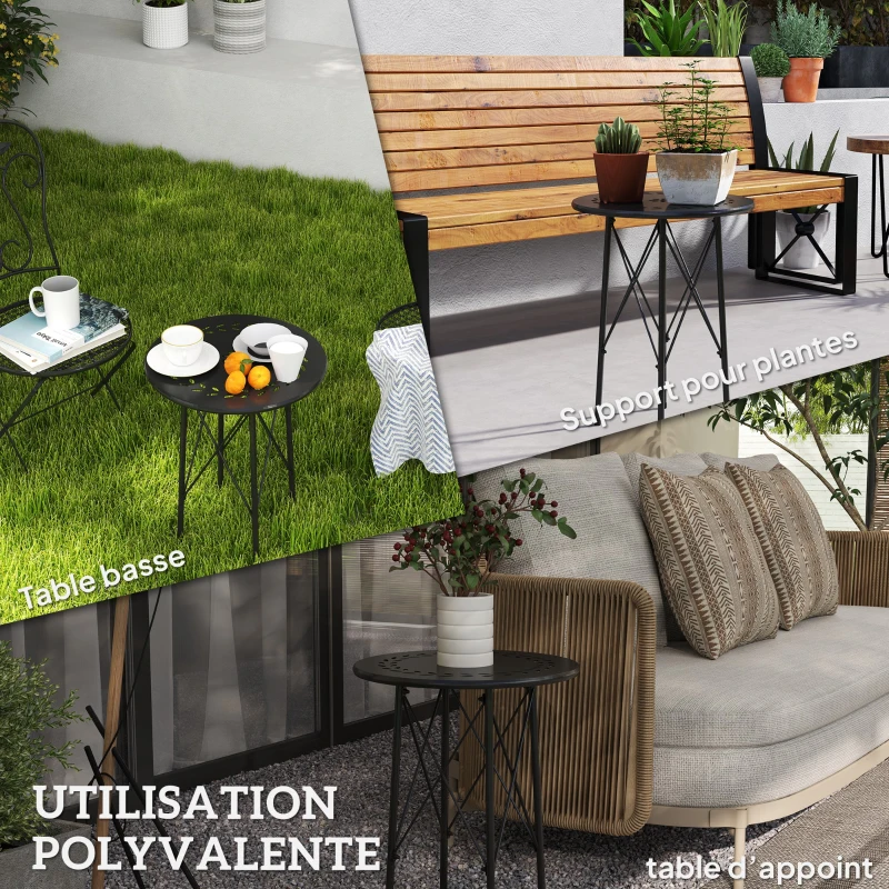 Outsunny Petite table d'appoint ronde, table de jardin, avec découpe en forme de fleur et feuilles, en acier, Ø 40 x 50 cm, noir