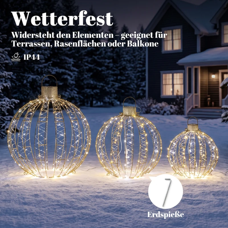 Outsunny 3-częściowy zestaw podświetlanych kul świątecznych na zewnątrz, 360 diod LED w ciepłej/zimnej bieli, światło ciągłe i migające, 24-godzinny timer