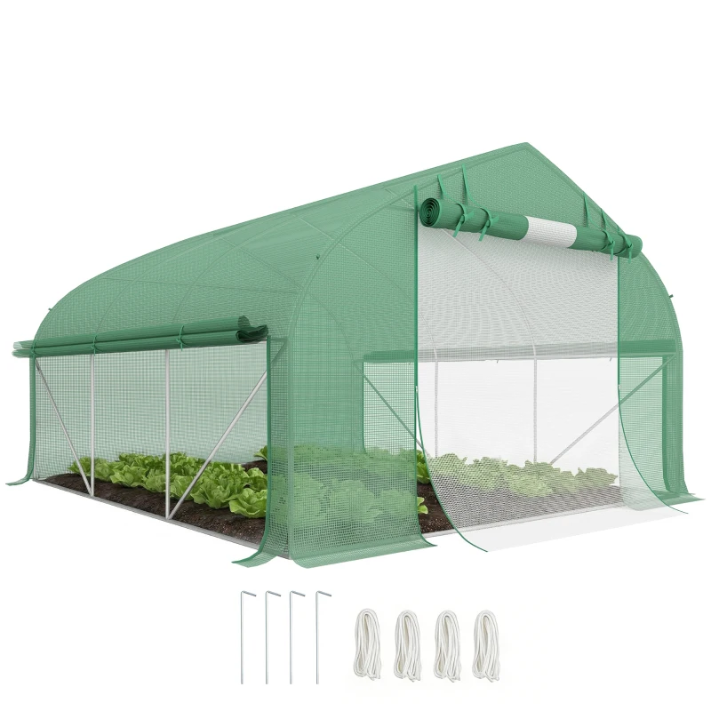 Outsunny Serre de jardin tunnel 10,4 m² serre de jardin anti-UV porte zippée enroulable fenêtres maille 350 x 300 x 200 cm vert