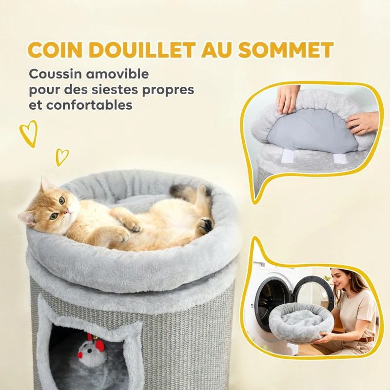 PawHut Tonneau à gratter, tour à griffer en sisal et bord en peluche, 3 niveaux avec plate-forme, stable, Ø 38 x 96 cm gris