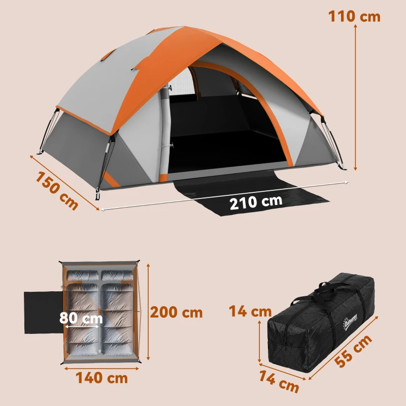 Outsunny Tenda da Campeggio 2 Posti con Finestra a Rete e Gancio, in Poliestere, 210x150x110 cm, Grigio e Arancione