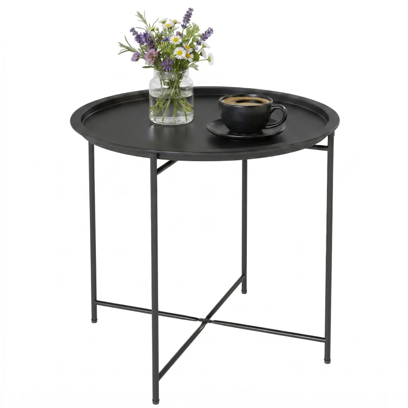 Outsunny Petite table basse ronde table d'appoint plateau amovible avec bord relevé pieds pliables en acier Ø 46 x 53 cm noir