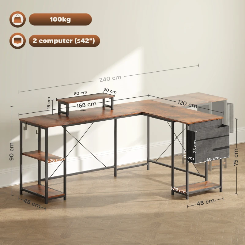 HOMCOM 168cm Reversible L Shaped Desk, Industrial Corner Computer Desk with Adjustable Shelf and Storage Bag, 240cm 2 Person PC Table with Monitor Stand, Rustic Brown
