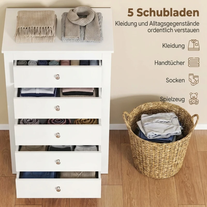 HOMCOM Ladekast met 5 lades, kast met soepel glijdende rails voor slaapkamer, 60 x 39,5 x 95,3 cm, wit