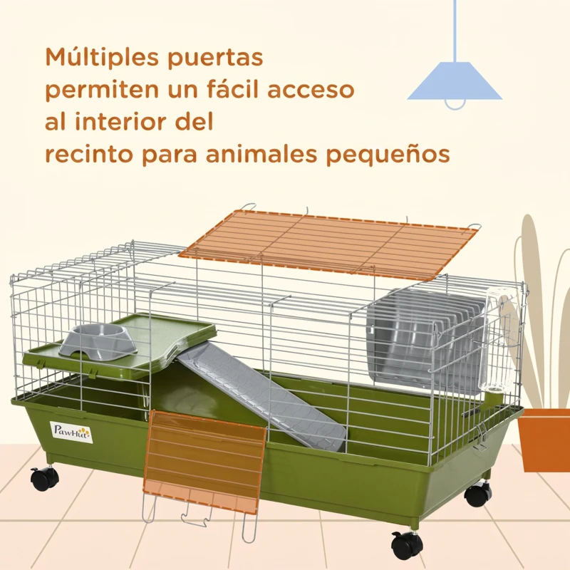 PawHut Jaula para Animales Pequeños con Ruedas Botella Comedero Dispensador de Heno para Conejos y Cobayas 89x44x43 cm Verde