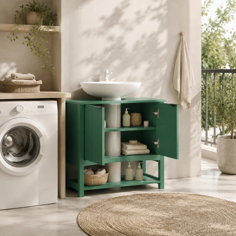 HOMCOM Dulap Sub Lavoar cu 2 Uși, Raft Deschis și Design Modern, 65x32x62 cm, Verde