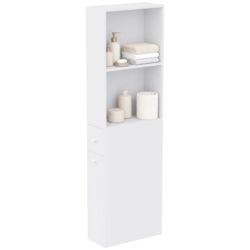 HOMCOM Dulap Baie Slim cu Organizator Glisant pe Roți, Sertar și Raft Reglabil, MDF, 18 x 40 x 135 Cm, Alb