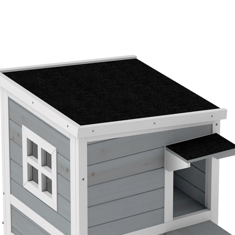 PawHut Wooden Cat House 2-Floor Outdoor Kitten Shelter with 3 Doors and Window Grey