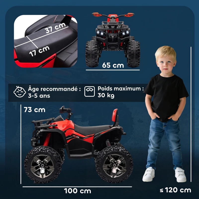 HOMCOM Quad Buggy électrique Enfant 12 V 8 Km/h Max. Voiture électrique Enfant avec Effets Lumineux sonores Selle avec Dossier Porte-Bagage Avant métal PP Rouge Noir(m-3)