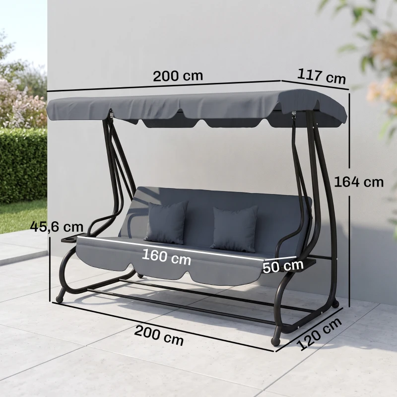 Outsunny Balancelle de jardin 3 places convertible toit inclinaison réglable 2 tablettes 2 x 1,2 x 1,64 m acier gris foncé