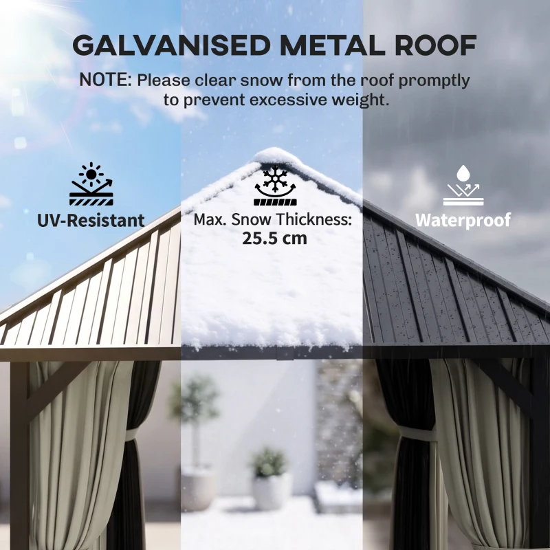 Outsunny 3 x 3(m) Hardtop Gazebo with Galvanised Steel Roof and Water Gutter, Waterproof Permanent Pavilion Garden Gazebo with Netting and Curtains for Patio, Deck, Black