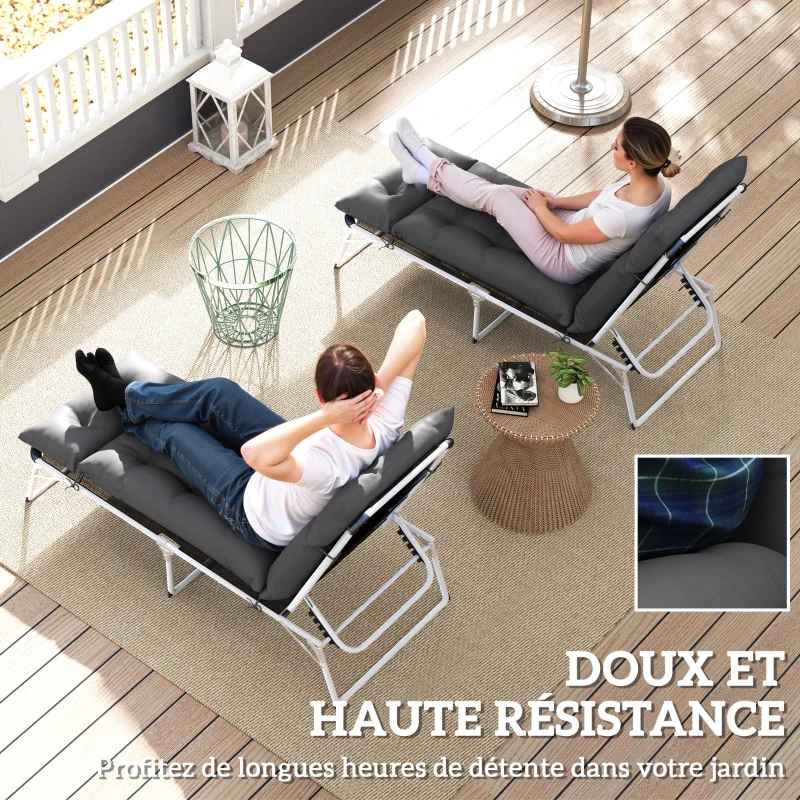 Outsunny Lot de 2 coussins de chaise longue coussin bain de soleil épais, confortable - 6 attaches, 190 x 56 x 10 cm, gris foncé