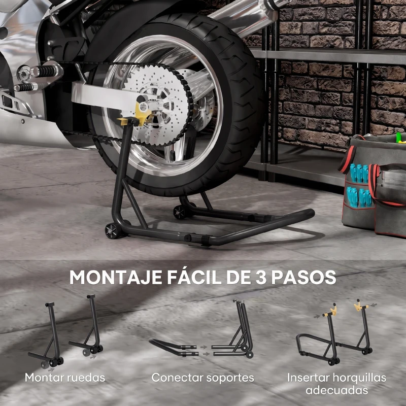 HOMCOM Caballete Elevador Universal Soporte Rueda Trasera Moto de Acero Robusta Carga 544 kg con Horquillas en U y L Ajustables