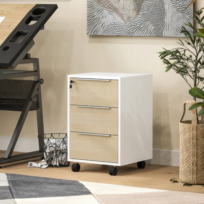 HOMCOM Caisson de bureau à roulettes avec 3 tiroirs et serrure, meuble rangement bureau sur roulettes, 40 x 40 x 63,5 cm, chêne