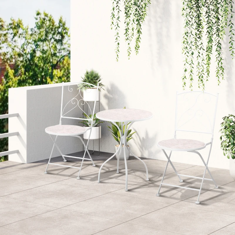 Outsunny Ensemble de jardin bistro 3 pièces 2 chaises pliantes et table ronde en métal époxy et plateau mosaïque - blanc