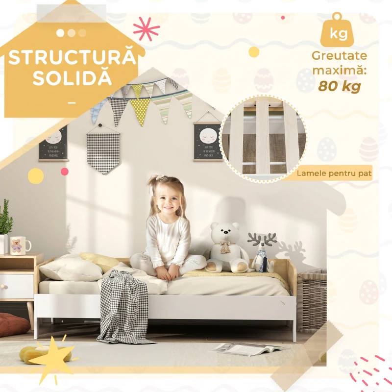 AIYAPLAY Pat pentru Copii 3-8 Ani, 143,5x74 cm, cu Panouri Laterale Înalte, Profil Jos, Alb