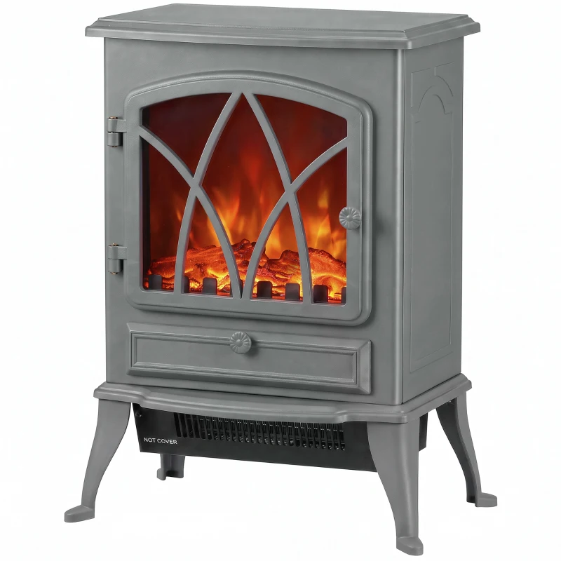 HOMCOM 1kW-2kW Vintage Electric Fireplace Heater - Grey