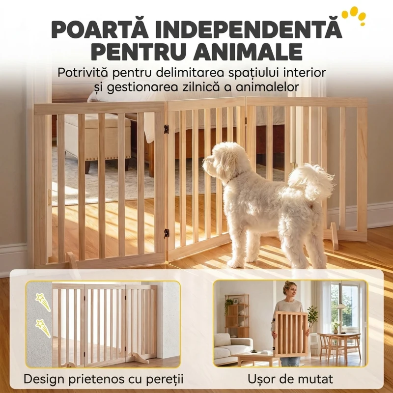 PawHut Poartă Pliabilă pentru Câini cu 3 Panouri, În Nuanțe de Lemn de Pin