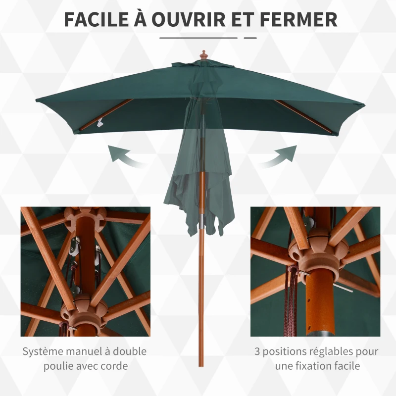 Outsunny Parasol de jardin extérieur Parasol rectangulaire inclinable bois polyester haute densité 2L x 1,5l x 2,3H m vert foncé