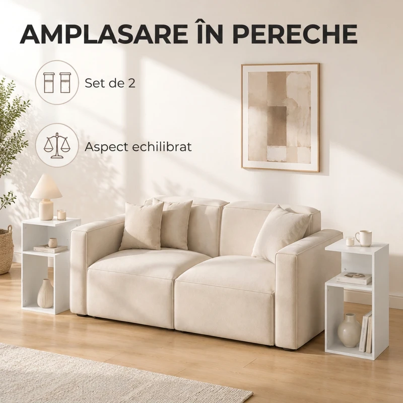 HOMCOM Set de 2 Măsuțe de Cafea Moderne cu Raft Deschis, Alb