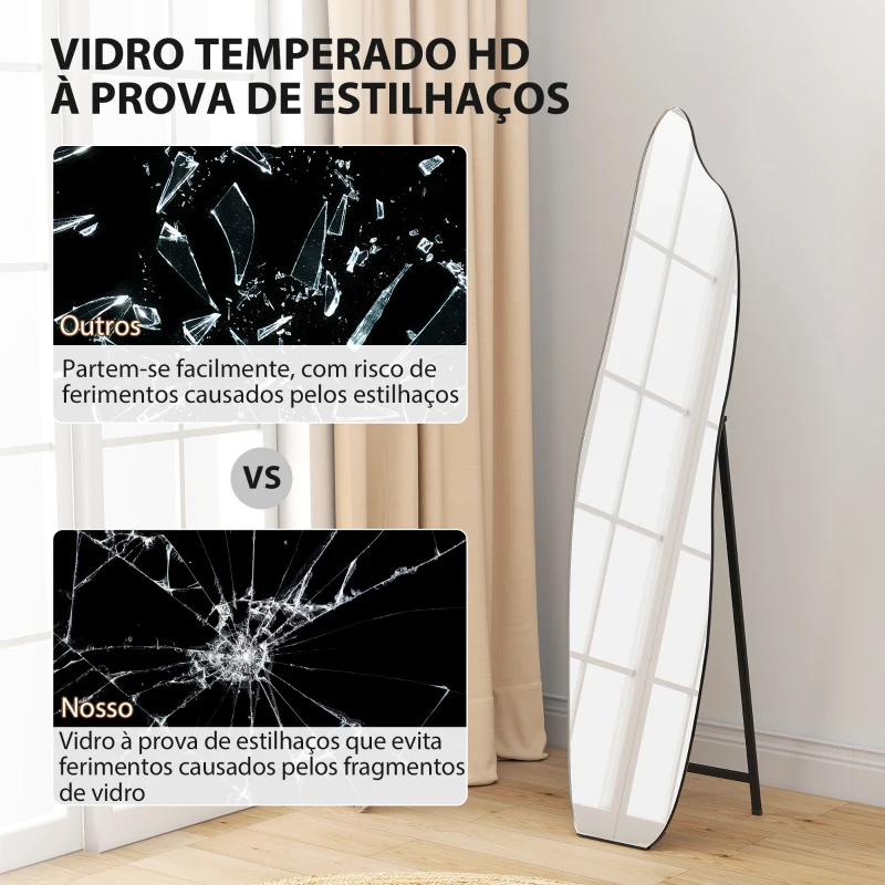 HOMCOM Espelho de Pé 160x40 cm sem Moldura Espelho de Corpo Inteiro Forma Irregular com Suporte Metálico Preto