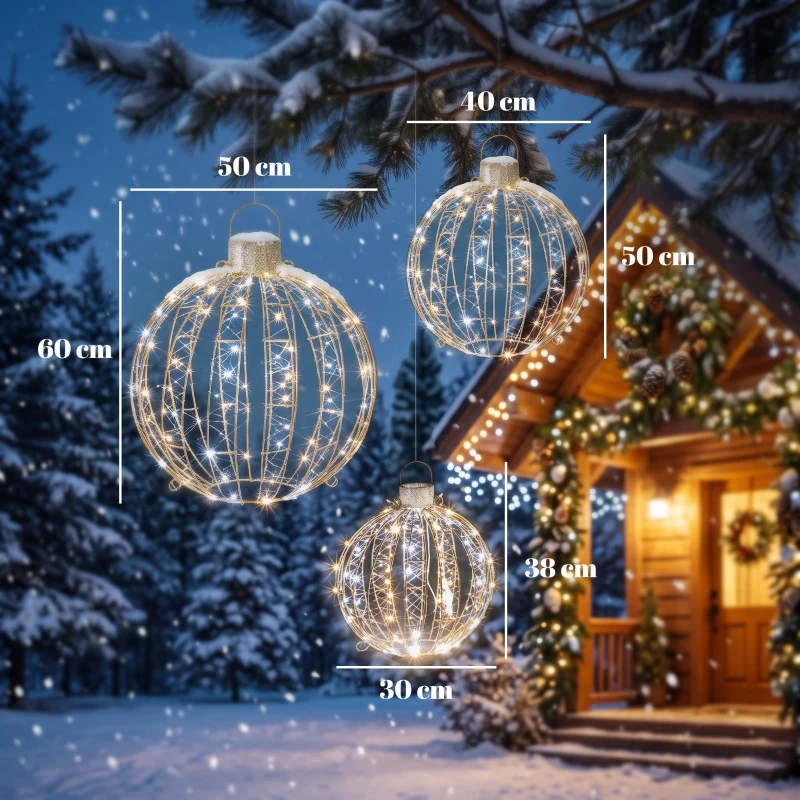Outsunny 3-częściowy zestaw podświetlanych kul świątecznych na zewnątrz, 360 diod LED w ciepłej/zimnej bieli, światło ciągłe i migające, 24-godzinny timer
