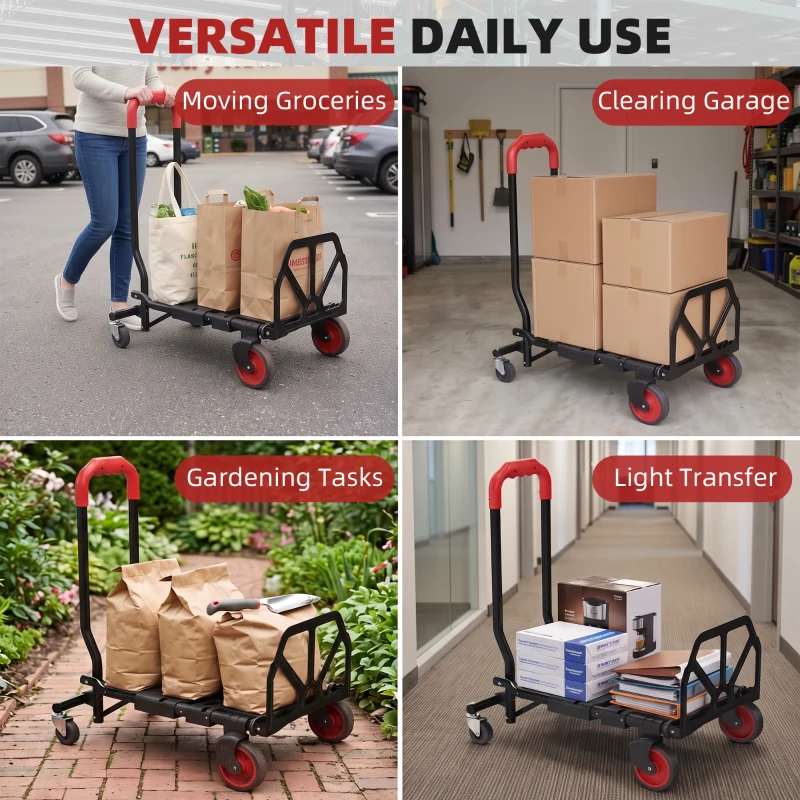HOMCOM Diable et Chariot de Transport à Roulettes Pliable 2-en-1, Charge Max 120 kg, Base Rabattable, Acier, 83x44x78cm, Rouge